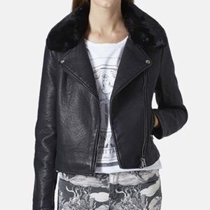 Topshop faux leather jacket with removable fur